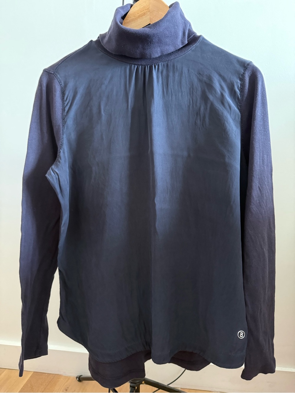 Bogner Navy Silk & Cotton Turtleneck Top